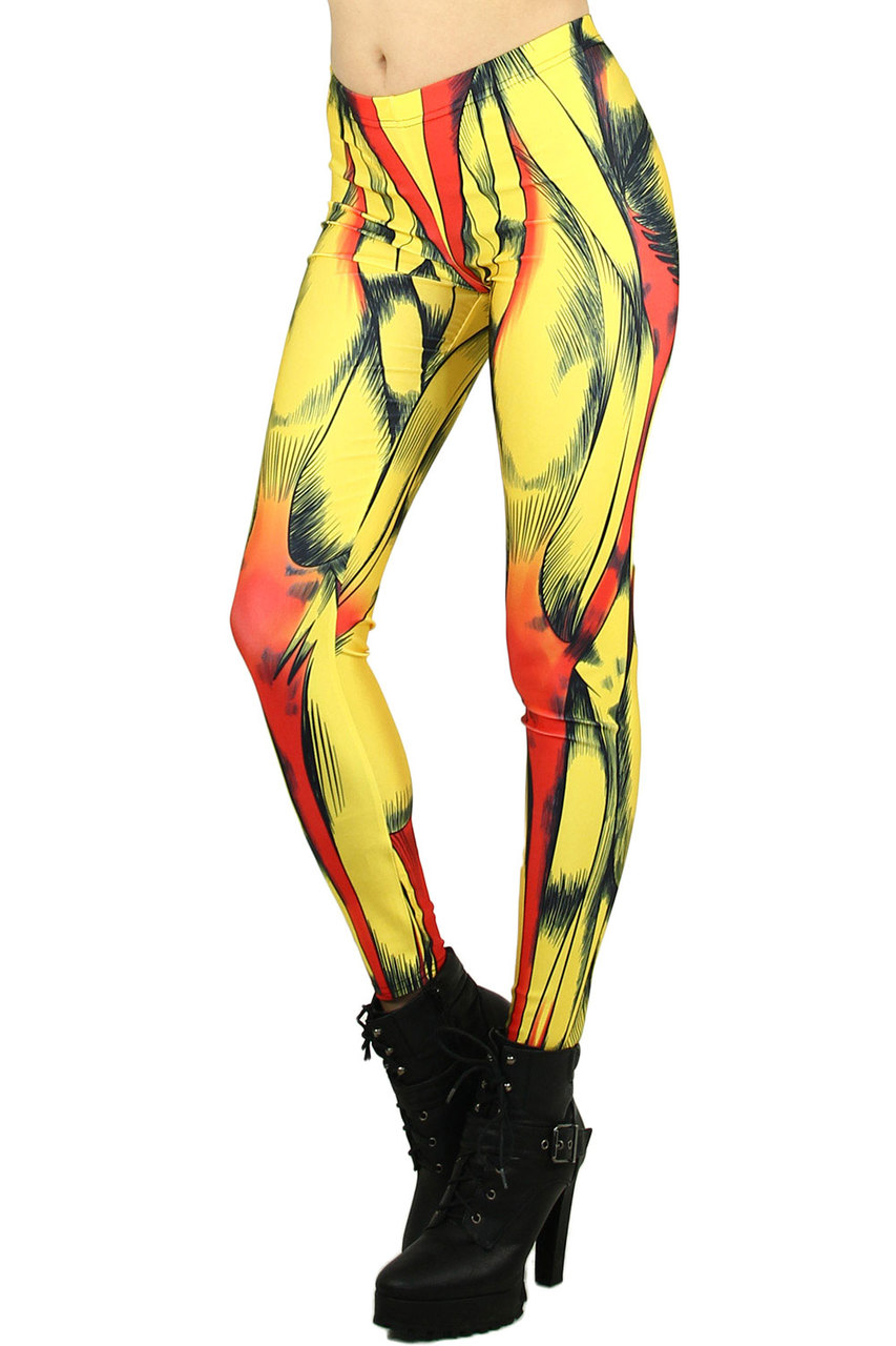 Left side leg image of Graphic Printed Comic Muscle Leggings