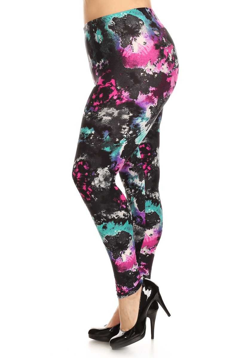 Left side leg image of Wholesale Buttery Smooth Aurora Borealis Tie Dye Plus Size Leggings