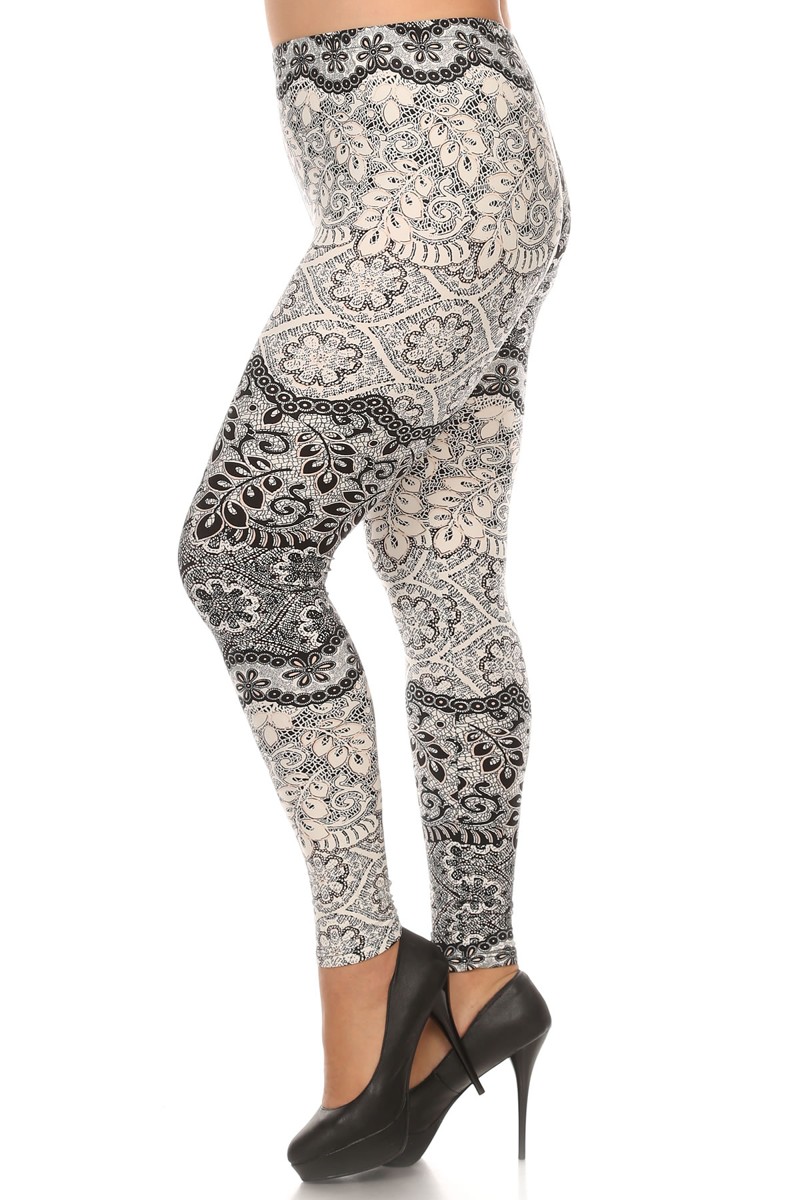 Left side leg image of Wholesale Buttery Smooth Plus Size Exquisite Leaf Leggings - Extra Plus