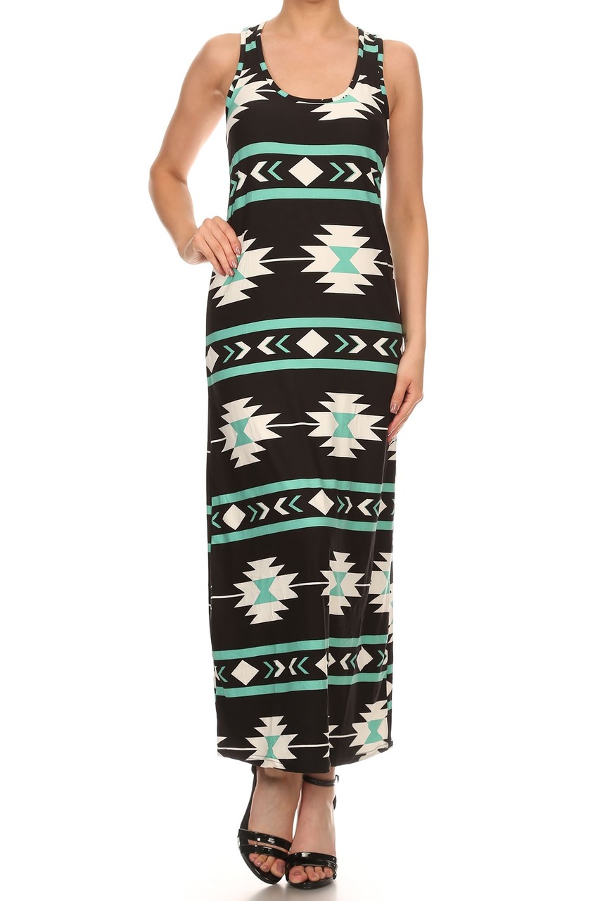Buttery Soft Mint on Black Aztec Maxi Dress