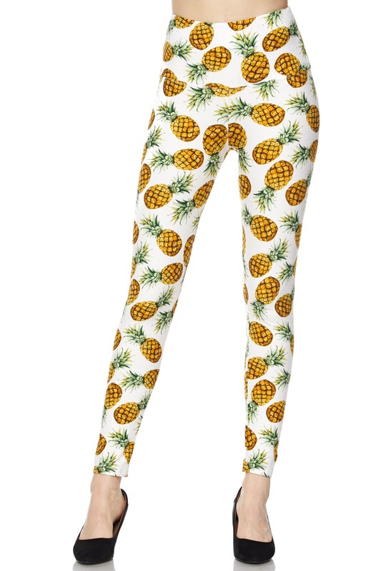 Buttery Smooth High Waisted Ivory Pineapple Plus Size Leggings