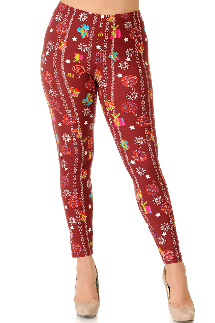Buttery Smooth Burgundy Christmas Ornament Extra Plus Size Leggings - 3X-5X