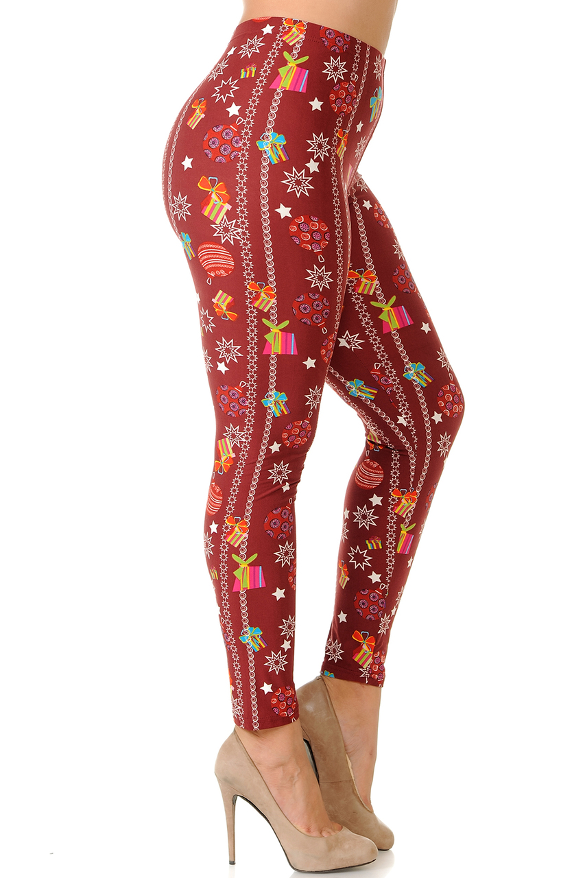 Buttery Smooth Burgundy Christmas Ornament Extra Plus Size Leggings - 3X-5X