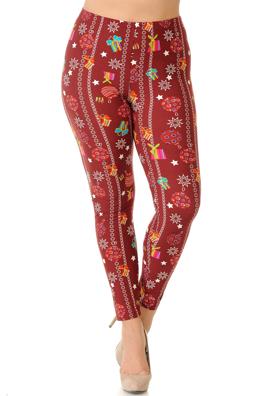Buttery Smooth Burgundy Christmas Ornament Extra Plus Size Leggings - 3X-5X