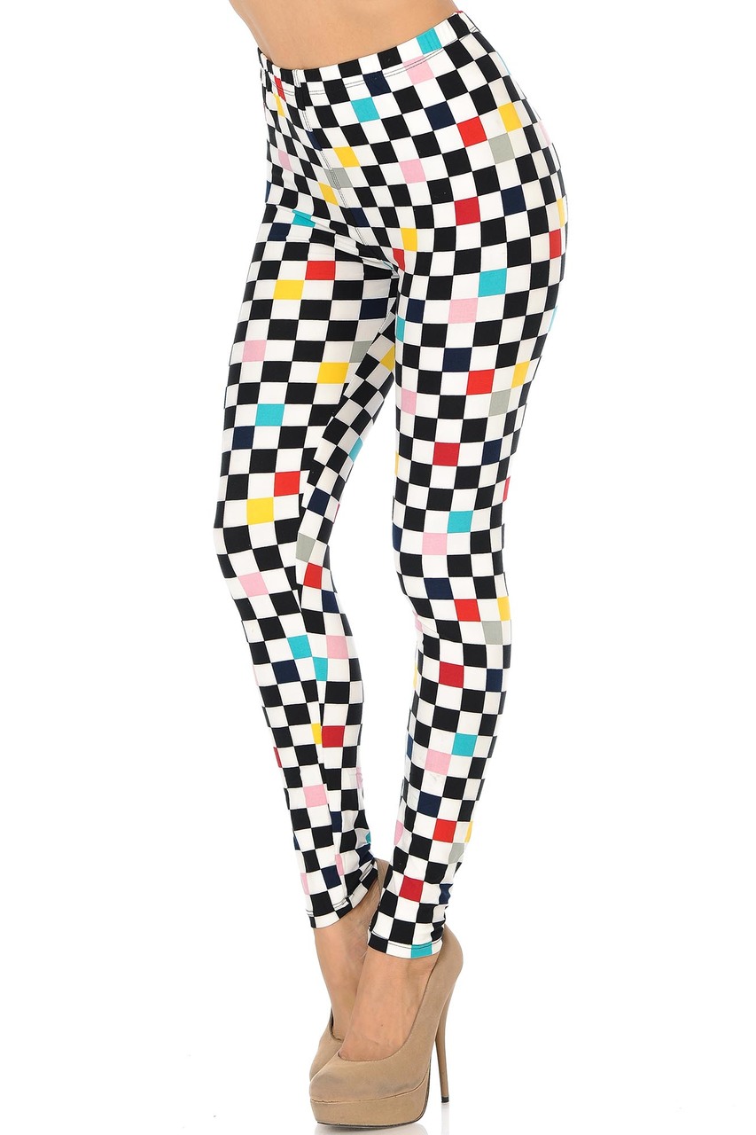 Buttery Smooth Color Accent Checkered Extra Plus Size Leggings - 3X-5X