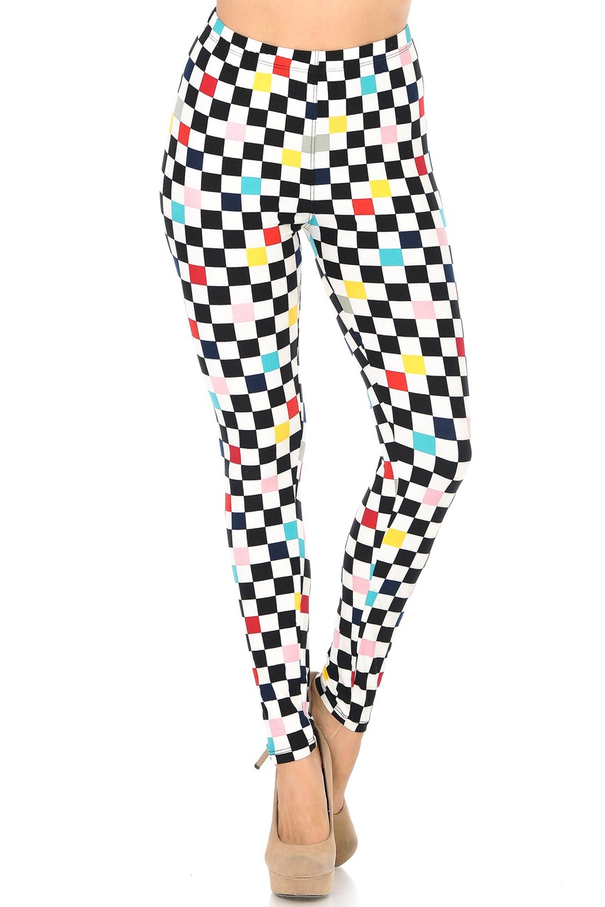 Buttery Smooth Color Accent Checkered Extra Plus Size Leggings - 3X-5X