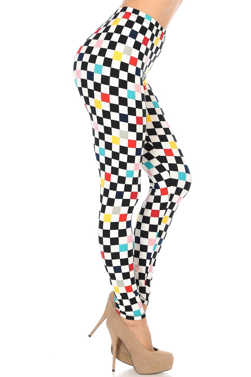 Buttery Smooth Color Accent Checkered Extra Plus Size Leggings - 3X-5X