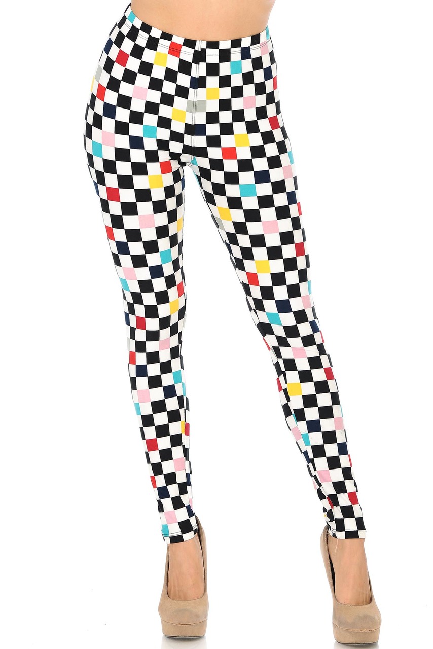 Buttery Smooth Color Accent Checkered Extra Plus Size Leggings - 3X-5X