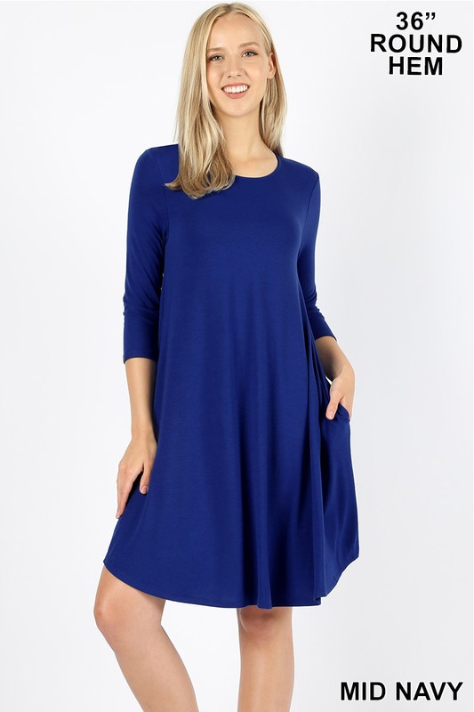 3/4 Sleeve Longline Round Hem Rayon Tunic with Pockets