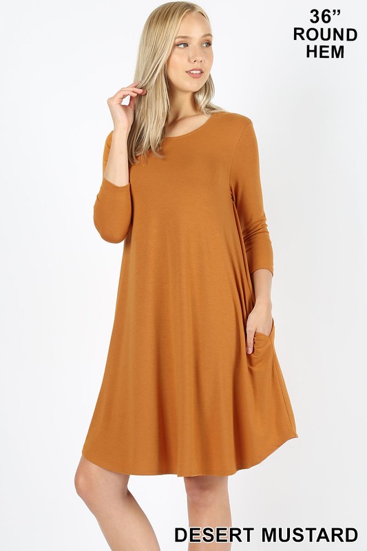 3/4 Sleeve Longline Round Hem Rayon Tunic with Pockets