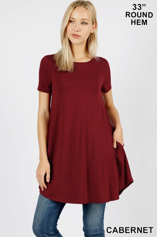 Round Neck Round Hem Short Sleeves Tunic with Pockets