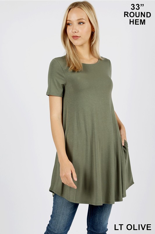 Round Neck Round Hem Short Sleeves Tunic with Pockets