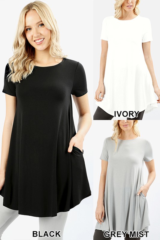 Round Neck Round Hem Short Sleeves Tunic with Pockets