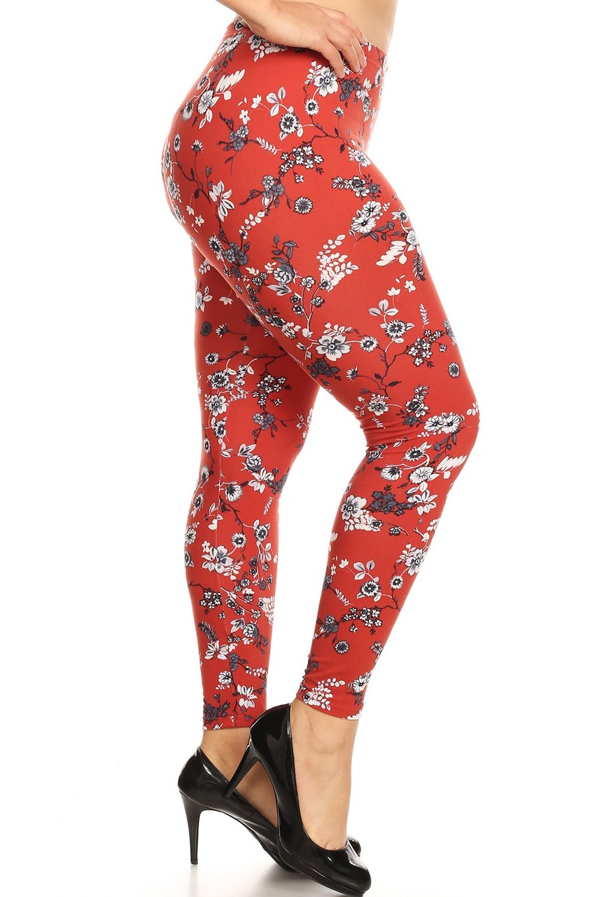 Buttery Smooth Ruby Red Spring Floral Plus Size Leggings