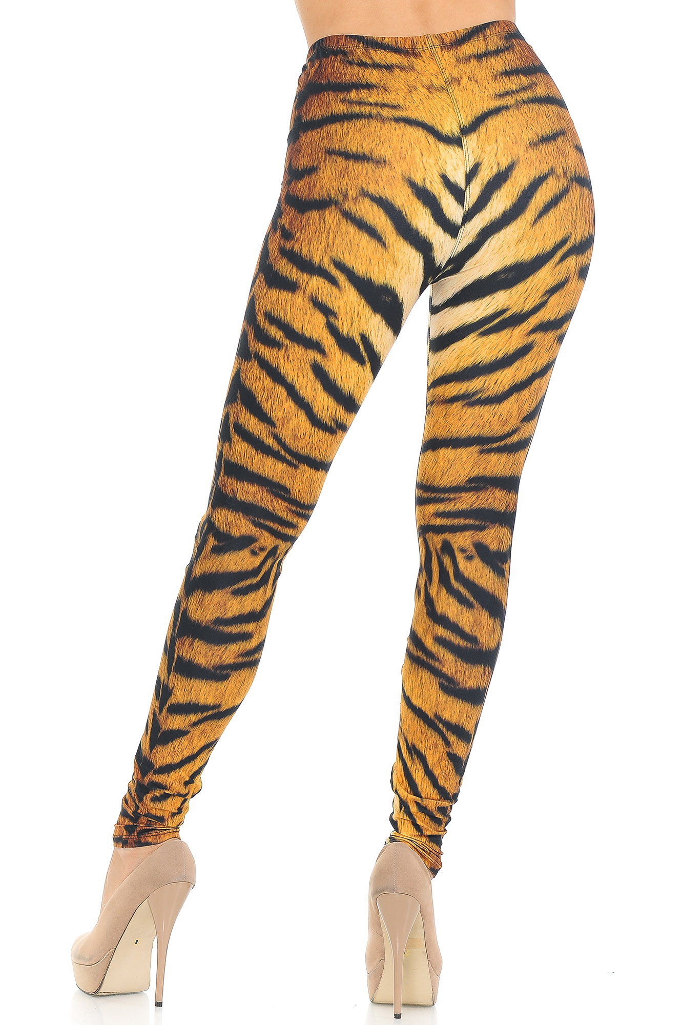 Rear view of our sexy Creamy Soft Tiger Print  Extra Small Leggings - USA Fashion™ featuring a body hugging fit that can be dressed up or for a night our or worn casually.