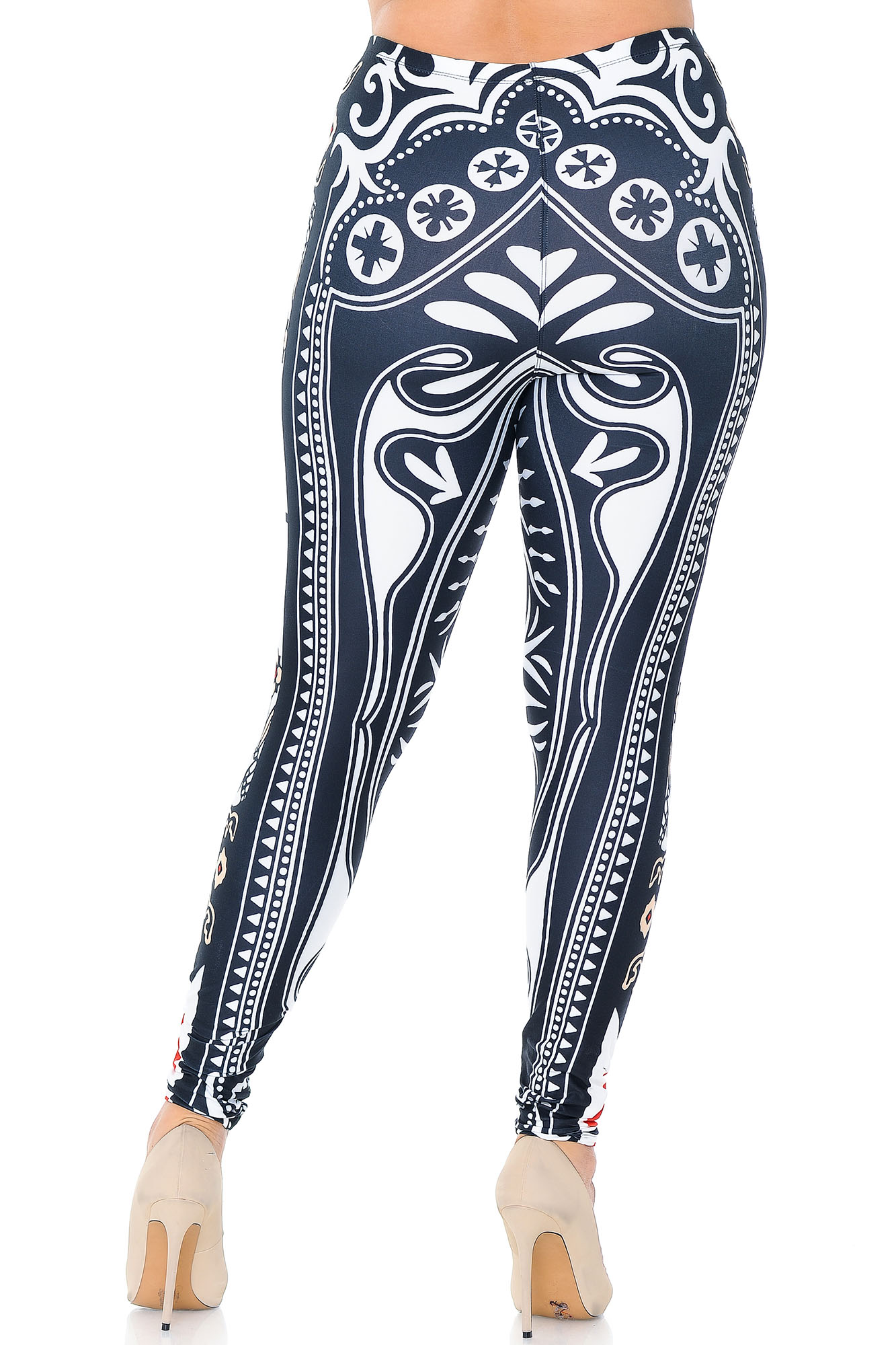 Back view of Creamy Soft Queen of Hearts Plus Size Leggings - USA Fashion™ showing a black and white decorative design inspired by playing card decorative details.