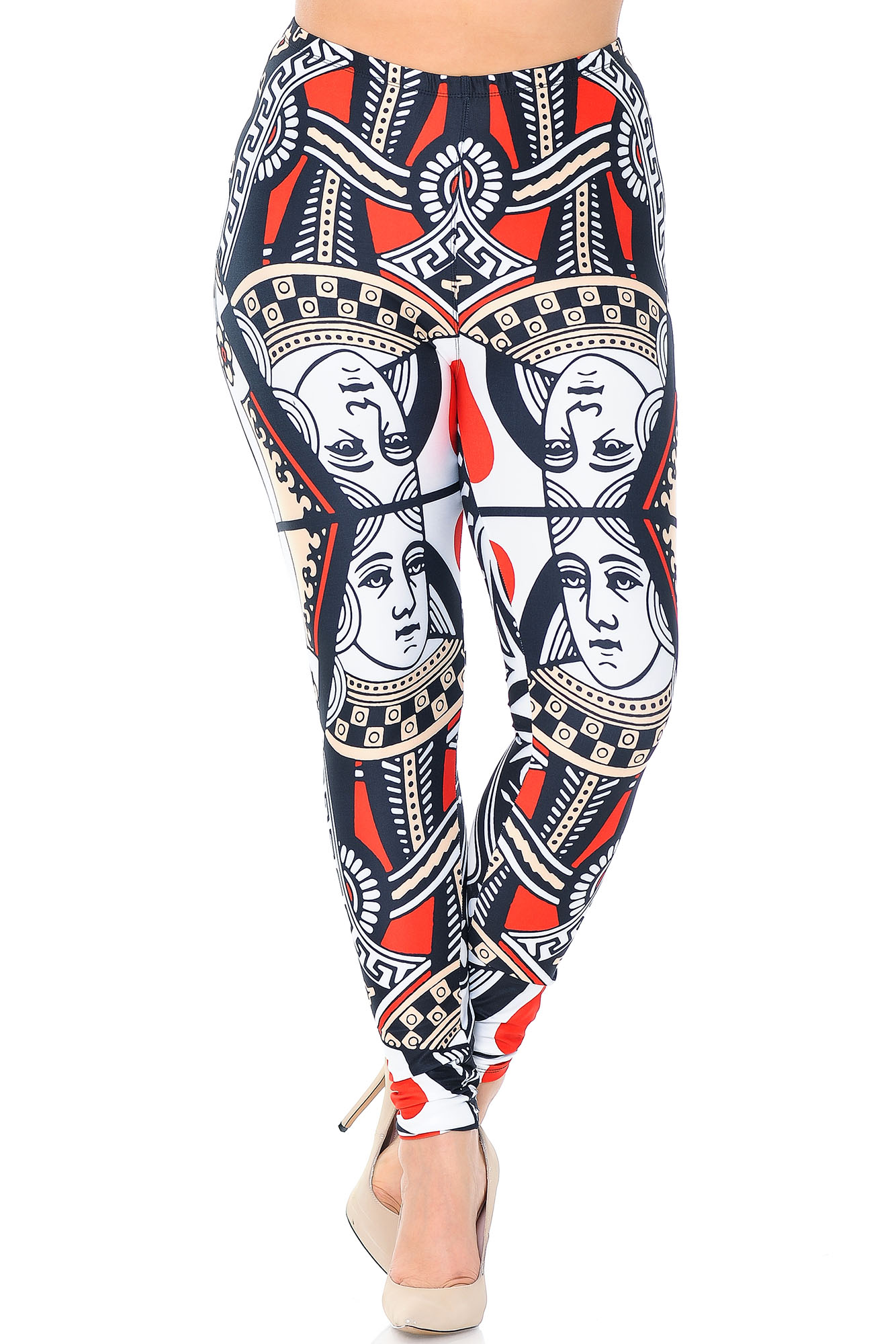 Front view of our Creamy Soft Queen of Hearts Plus Size Leggings - USA Fashion™ with an elastic waistband that come sup to about mid rise.