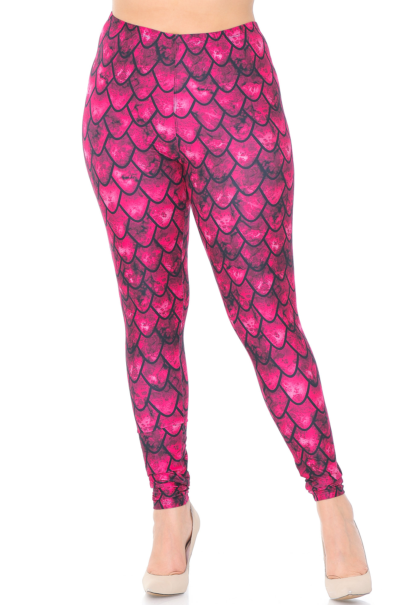 Front view of mid rise Creamy Soft Red Scale Plus Size Leggings - USA Fashion™ with an elastic waistband.