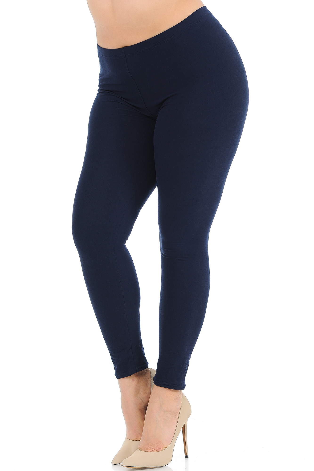 Angled front view image of Navy Buttery Smooth Basic Solid Plus Size Leggings - New Mix