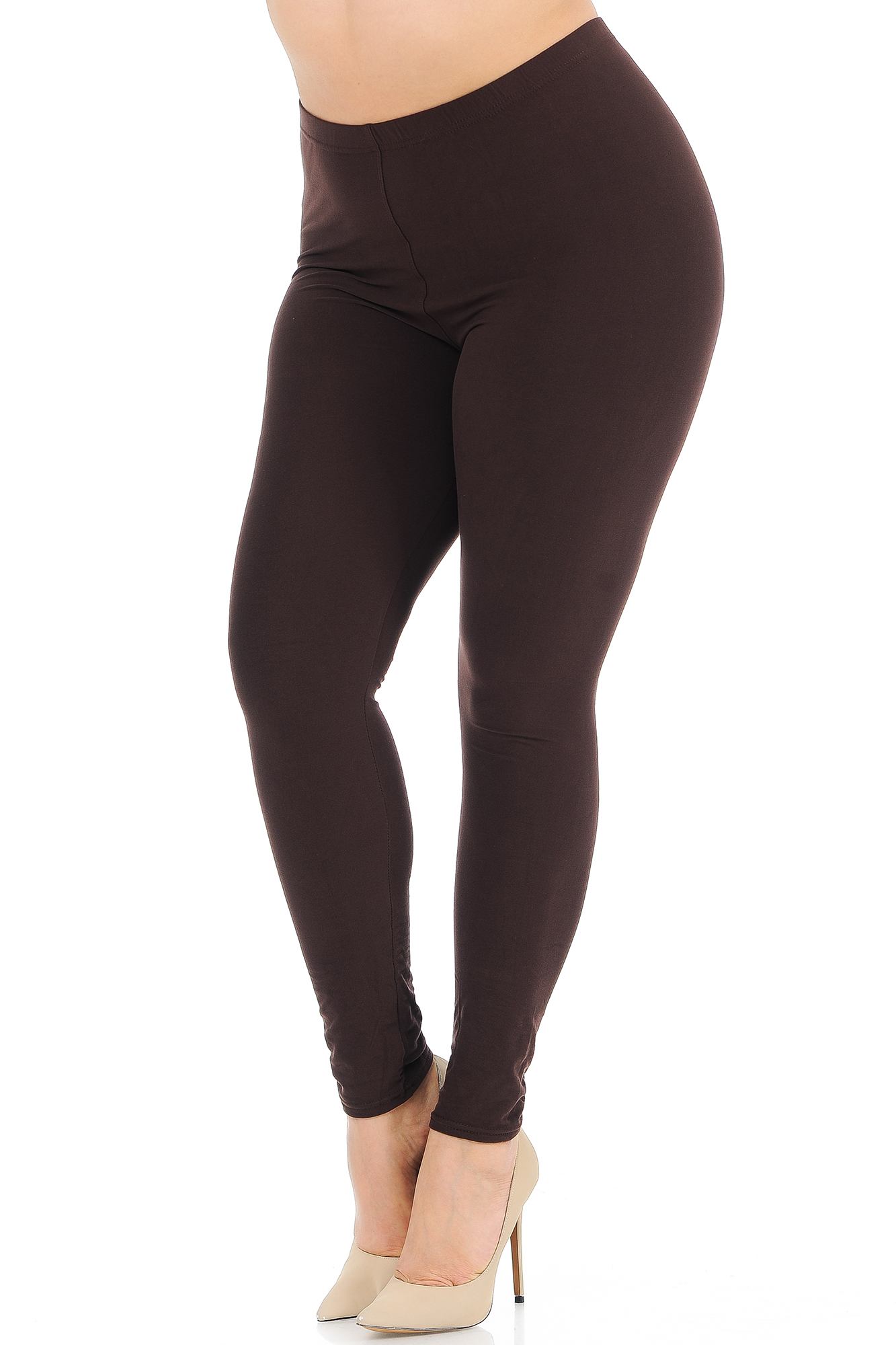 Angled front view image of Brown Buttery Smooth Basic Solid Plus Size Leggings - New Mix