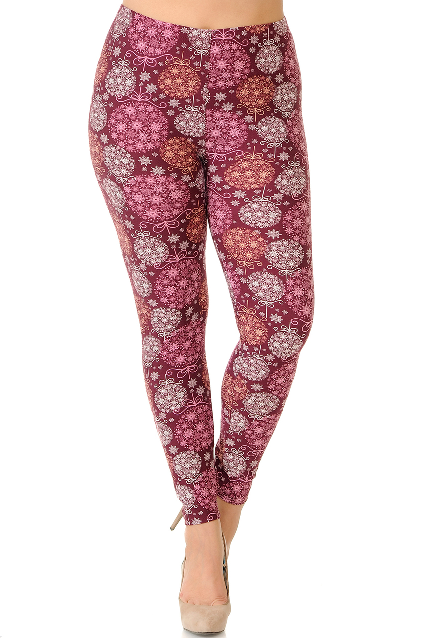Front view of mid rise Buttery Smooth Festive Snowflake Ornaments Extra Plus Size Leggings featuring an elastic comfort stretch waist.