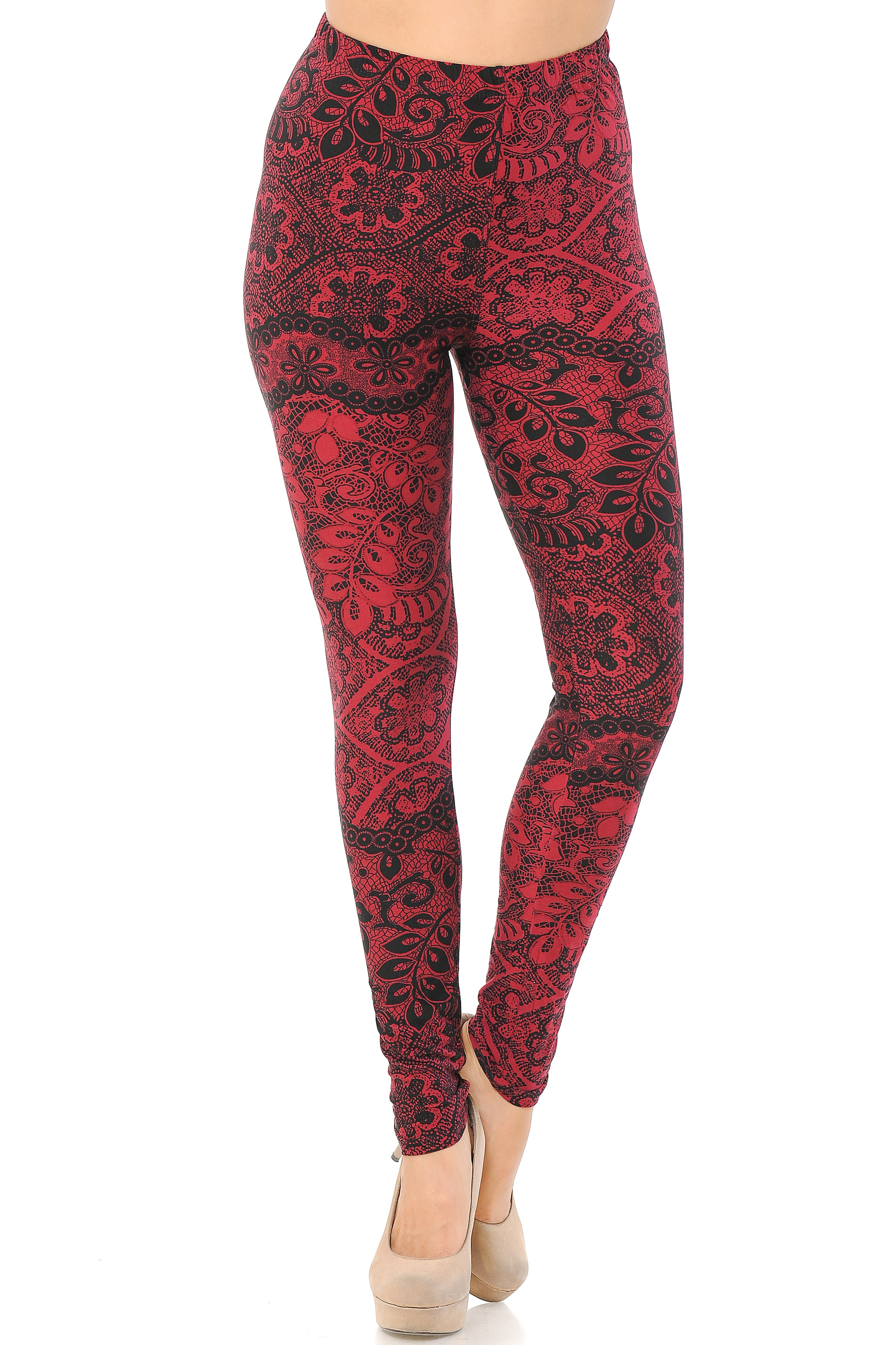 Front view image of our mid rise Buttery Soft Rouge Exquisite Leaf Plus Size Leggings featuring a comfort stretch elastic waistband.