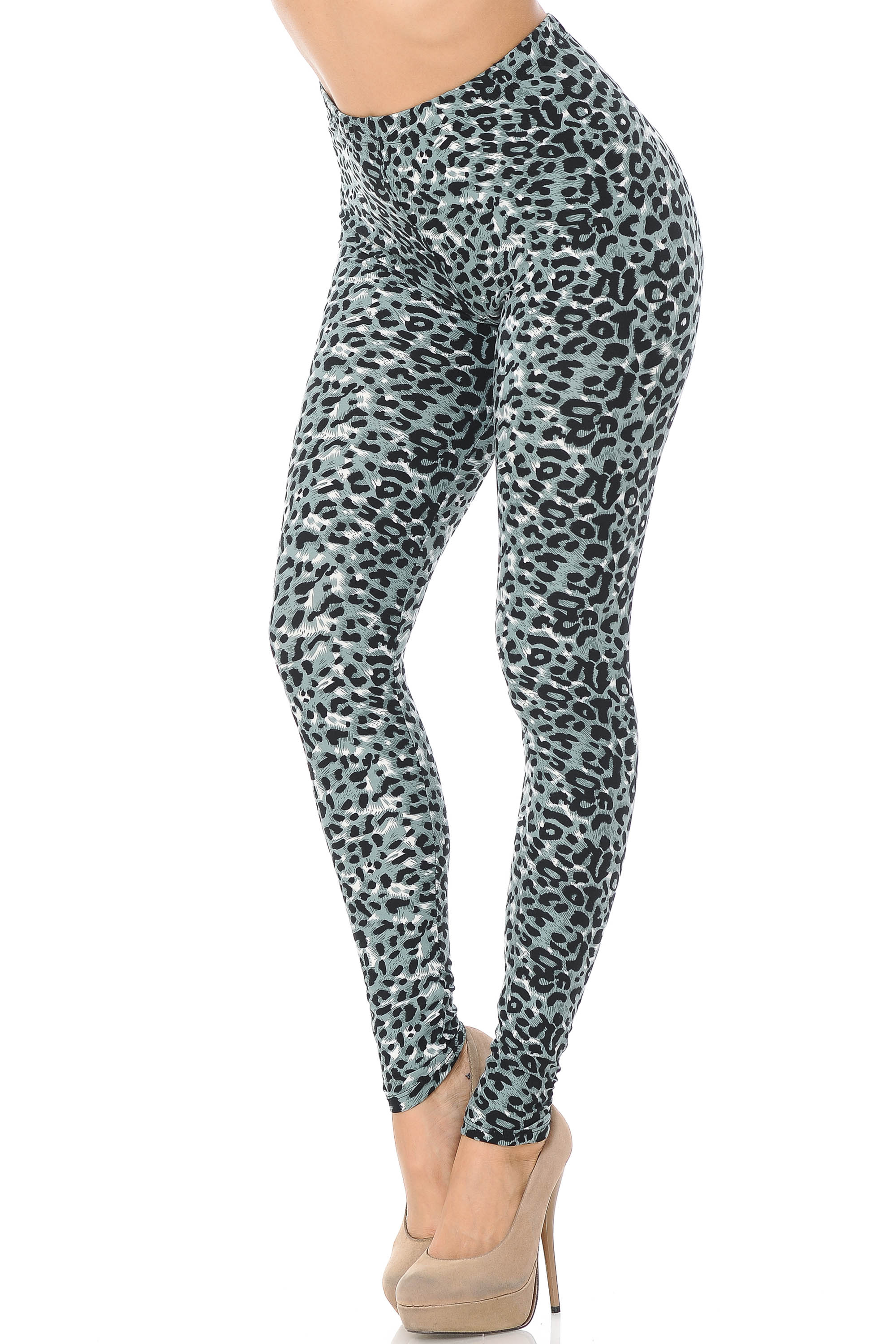 Left side leg view of Buttery Smooth Snow Leopard Leggings featuring a gray and black toned animal print design that pairs with a top of any color.