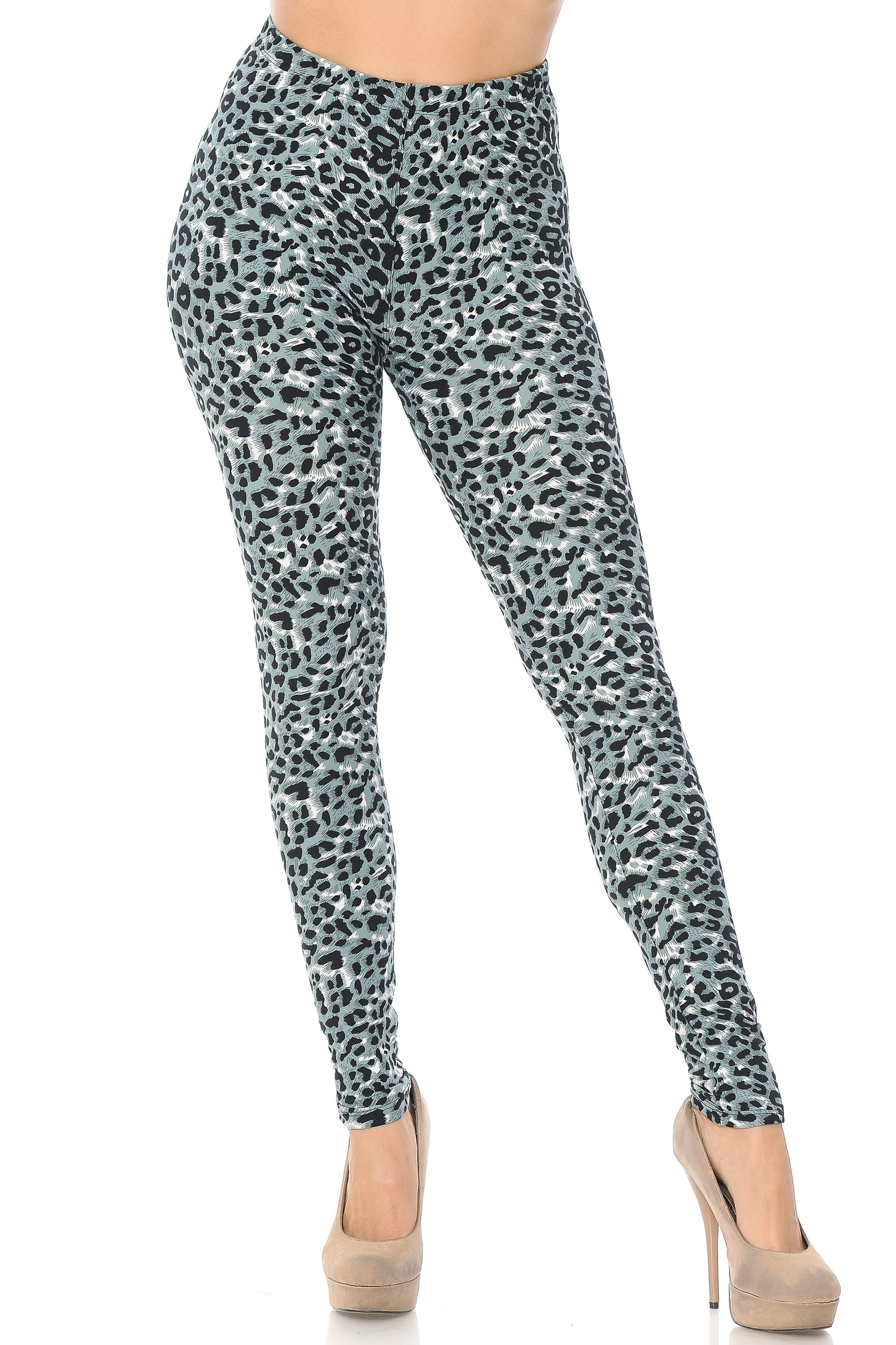 Front view image of our figure flattering Buttery Smooth Snow Leopard Leggings with a full length skinny leg cut.