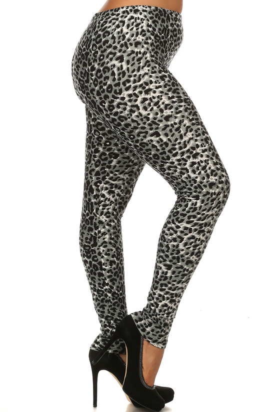 Right side leg view of Buttery Smooth Snow Leopard Extra Plus Size Leggings - 3X-5X featuring a gray and black toned animal print design that pairs with a top of any color.