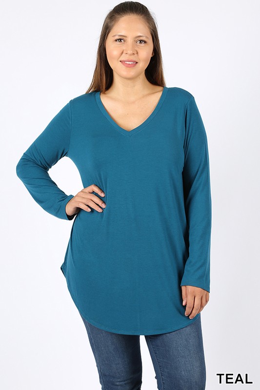 Teal Premium V-Neck Round Hem Long Sleeve Plus Size Top