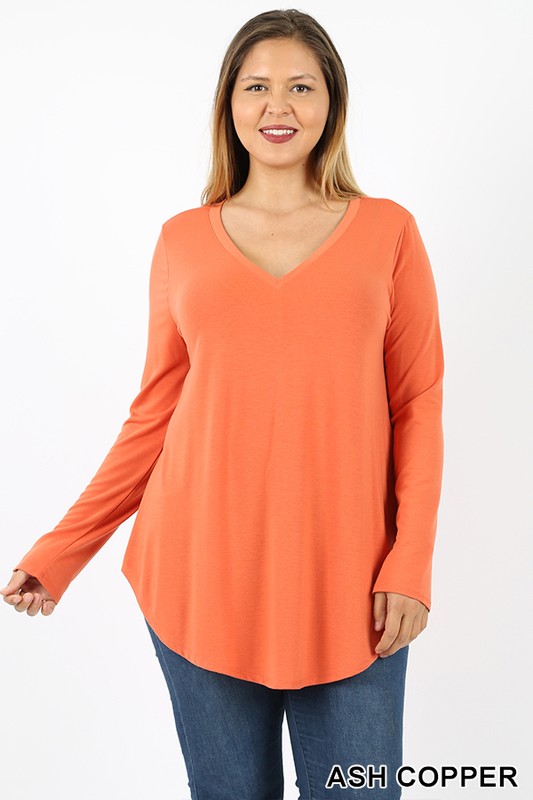 Ash copper Premium V-Neck Round Hem Long Sleeve Plus Size Top