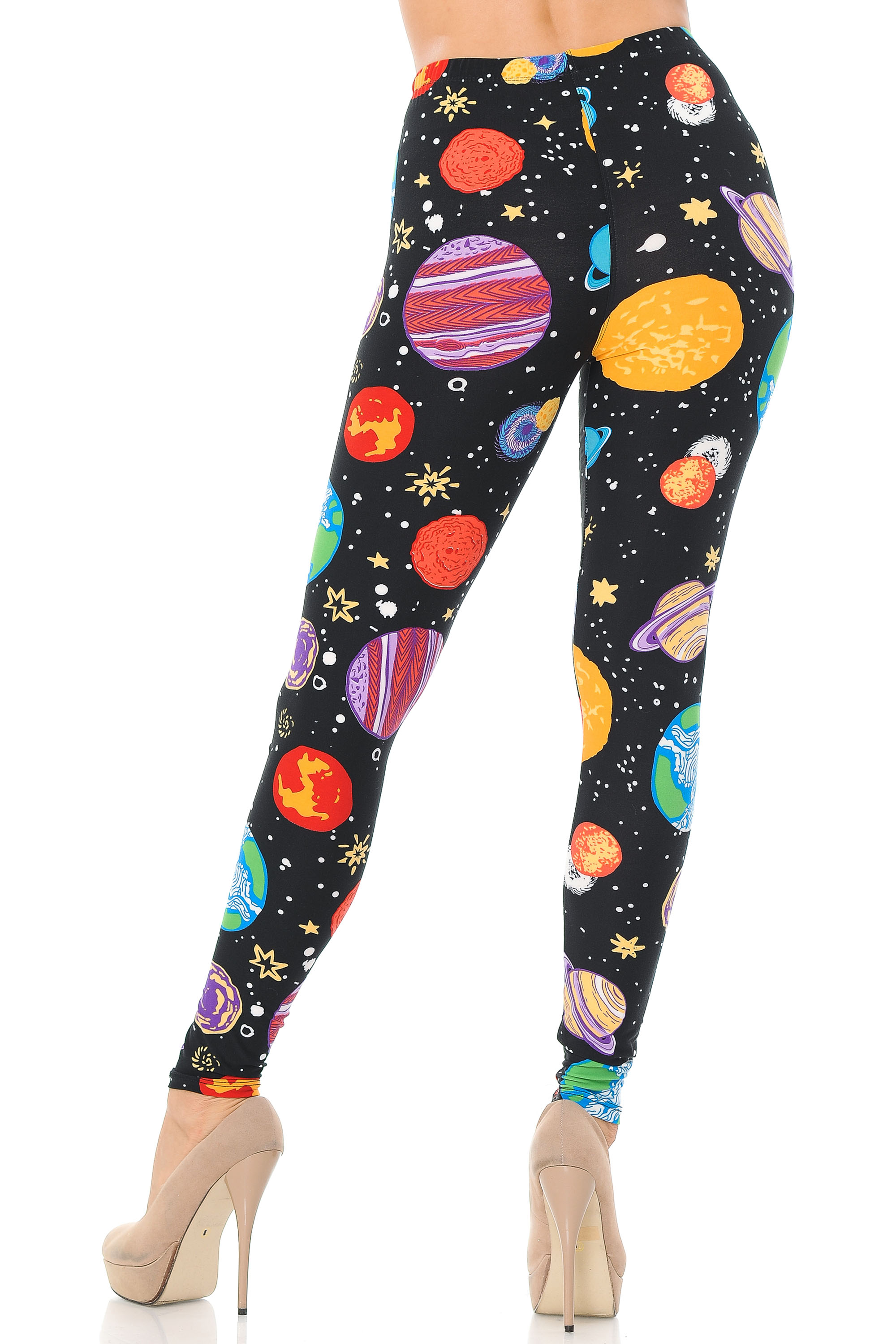 Back view image of our flattering and stylish Buttery Smooth Planets in Space Leggings.
