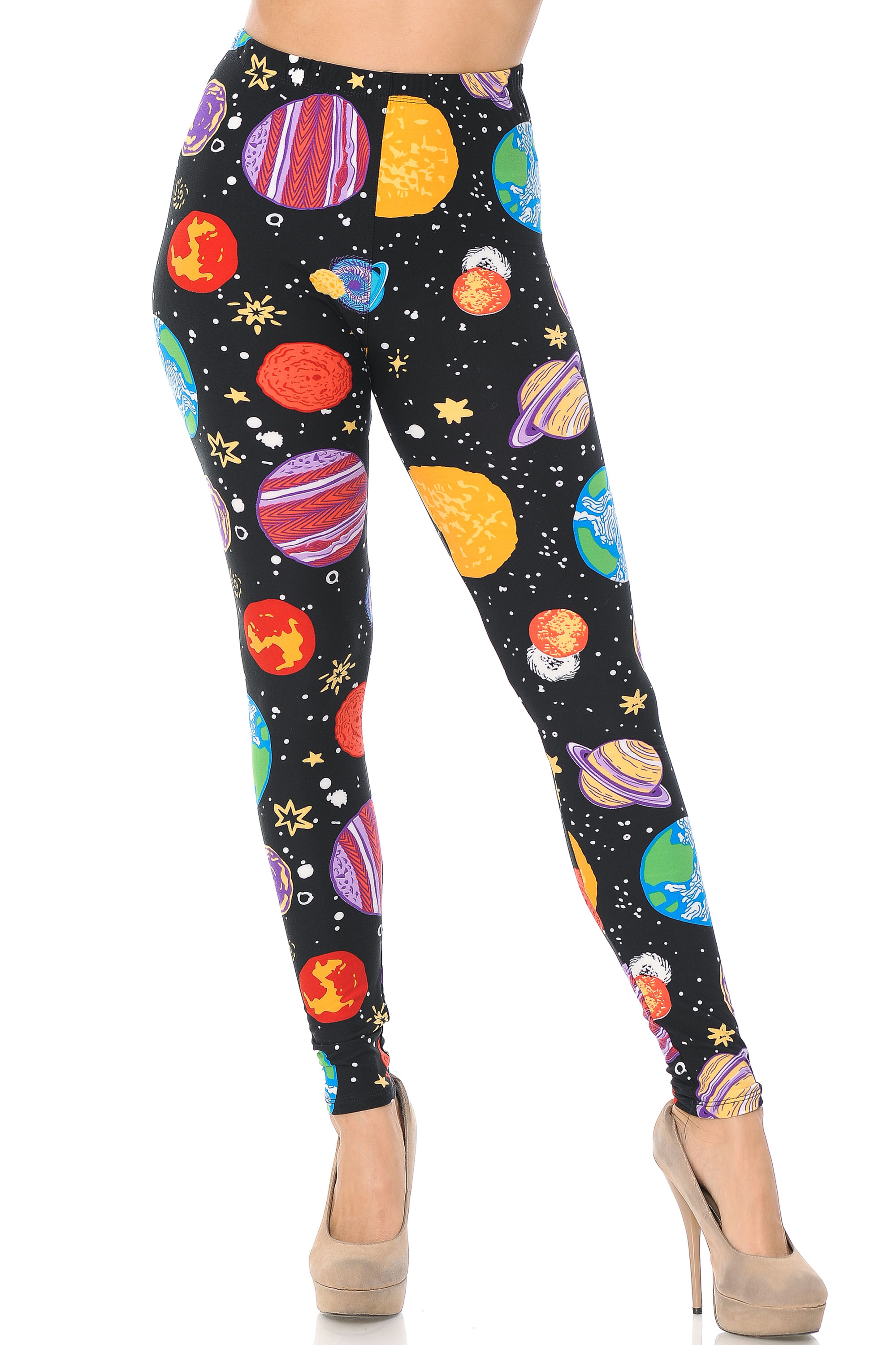 Front view of full length skinny cut Buttery Smooth Planets in Space Leggings