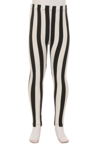 Front view of our vertical striped Buttery Soft Black Pinstripe Kids Leggings with a neutral color scheme that pairs with a top of any color.