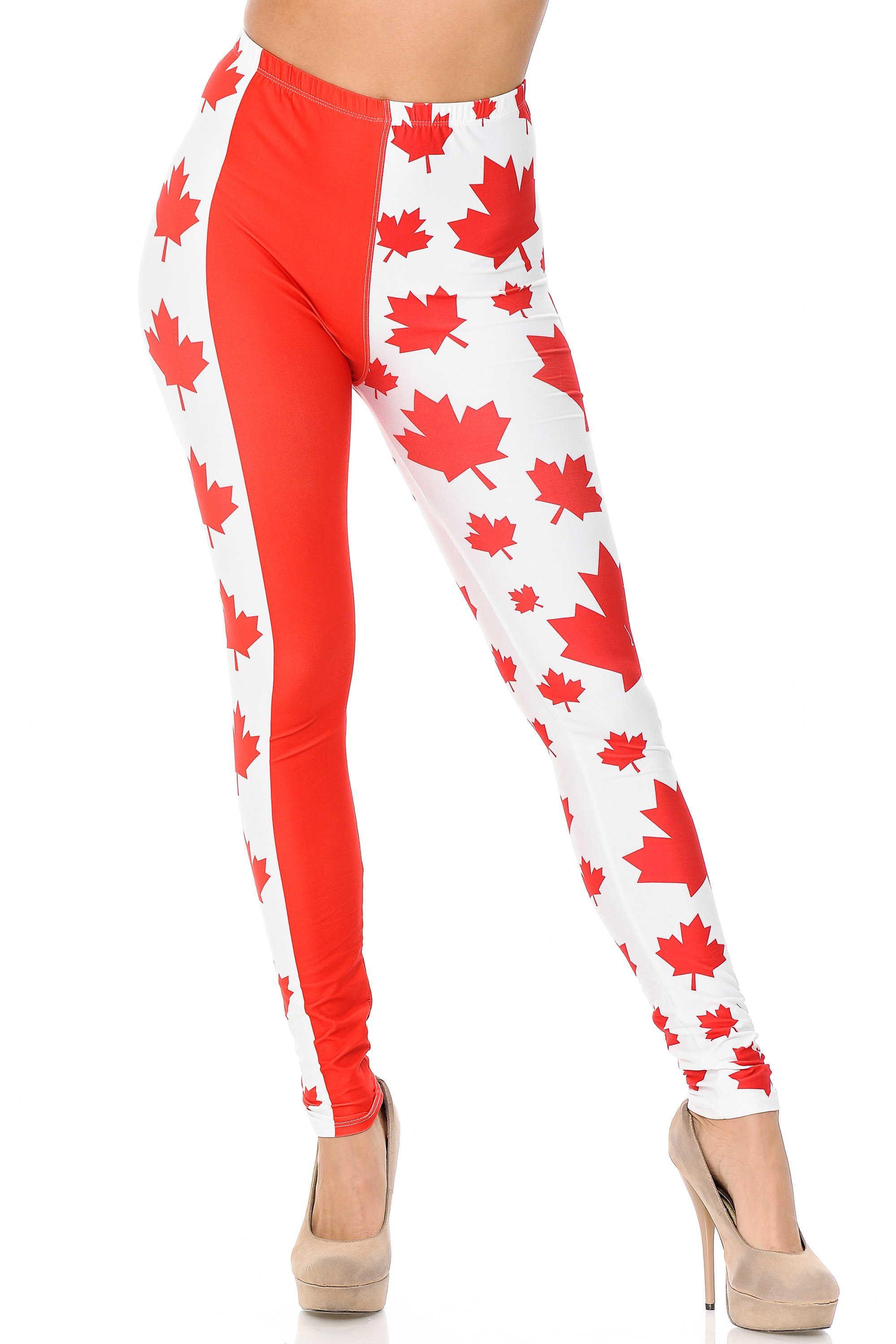 Front view image showcasing our full length skinny cut Creamy Soft Canadian Flag Extra Plus Size Leggings.