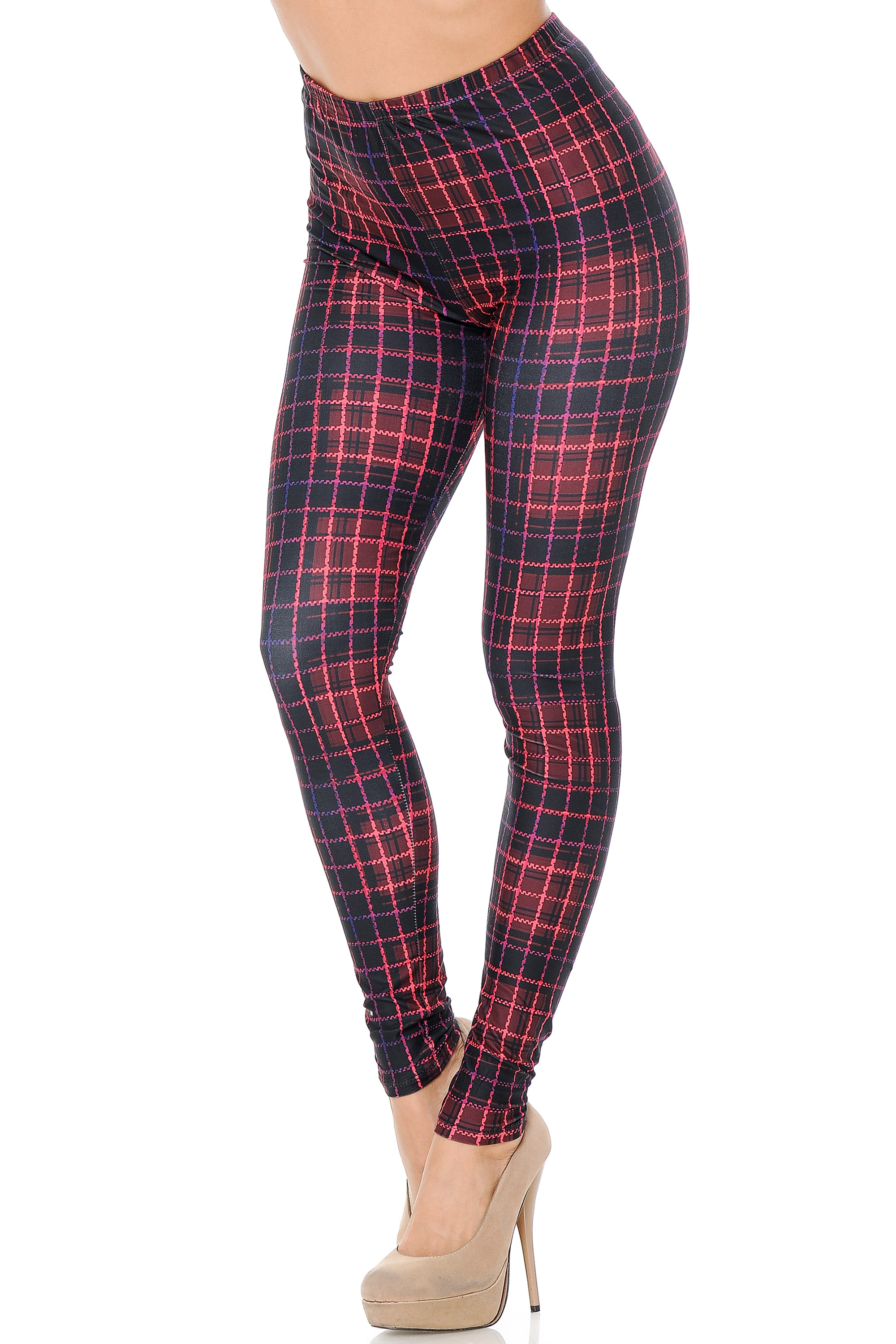 Angled front view of our Creamy Soft 3D Vivid Tartan Leggings featuring a burgundy and black plaid print with a bright red overlay grid design.