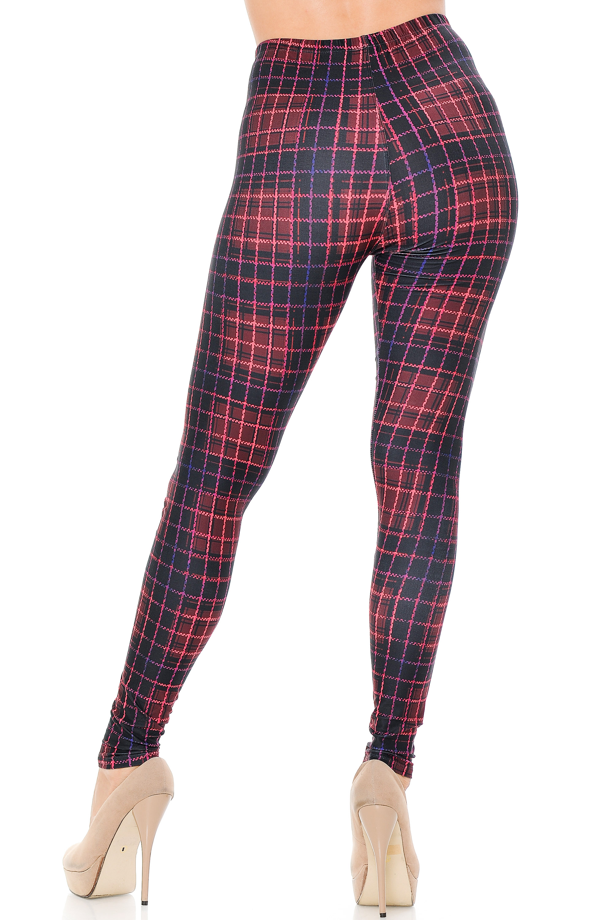Rear view showcasing the figure flattering body hugging fit of our Creamy Soft 3D Vivid Tartan Leggings.