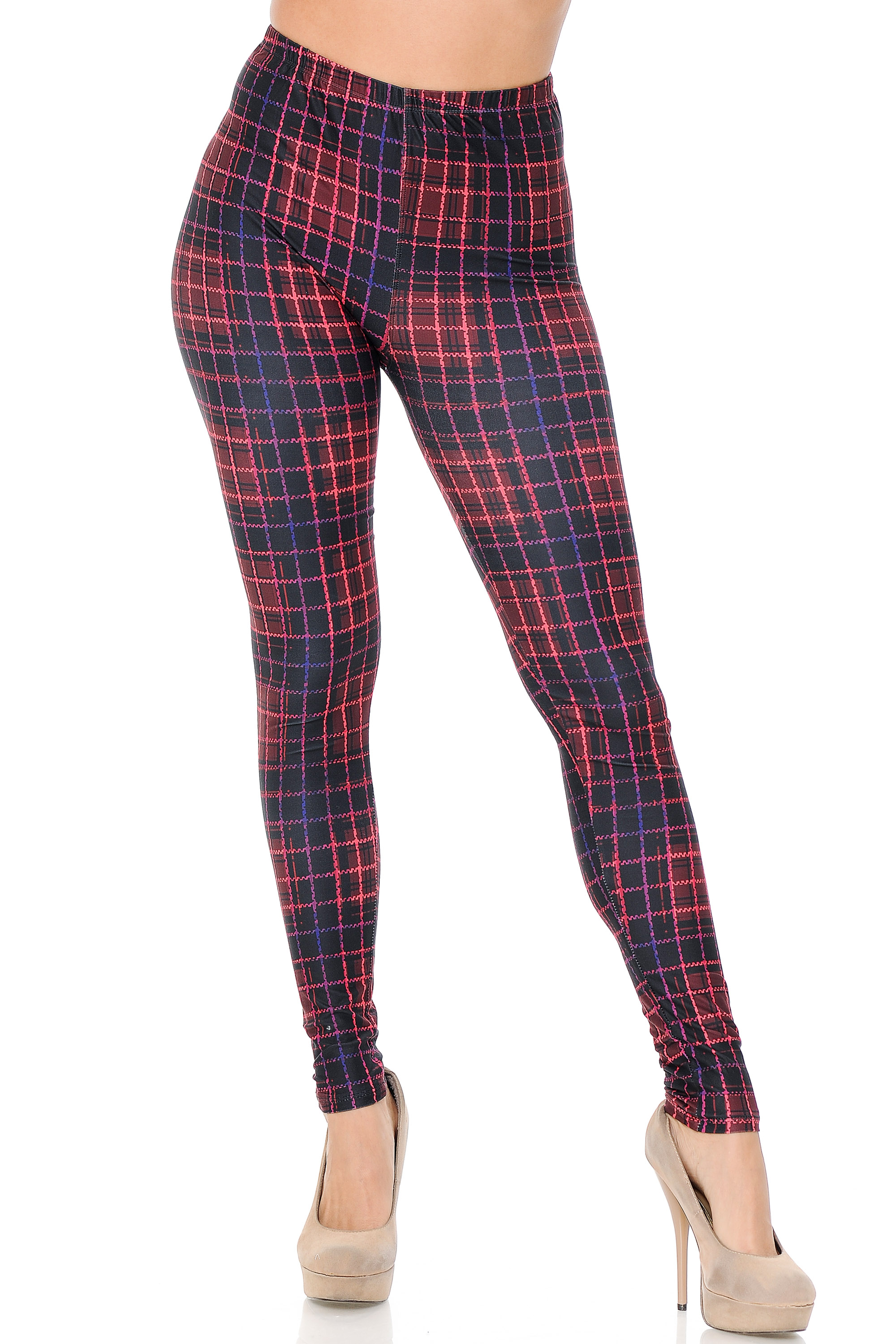 Front view image of our full length skinny leg cut Creamy Soft 3D Vivid Tartan Leggings.