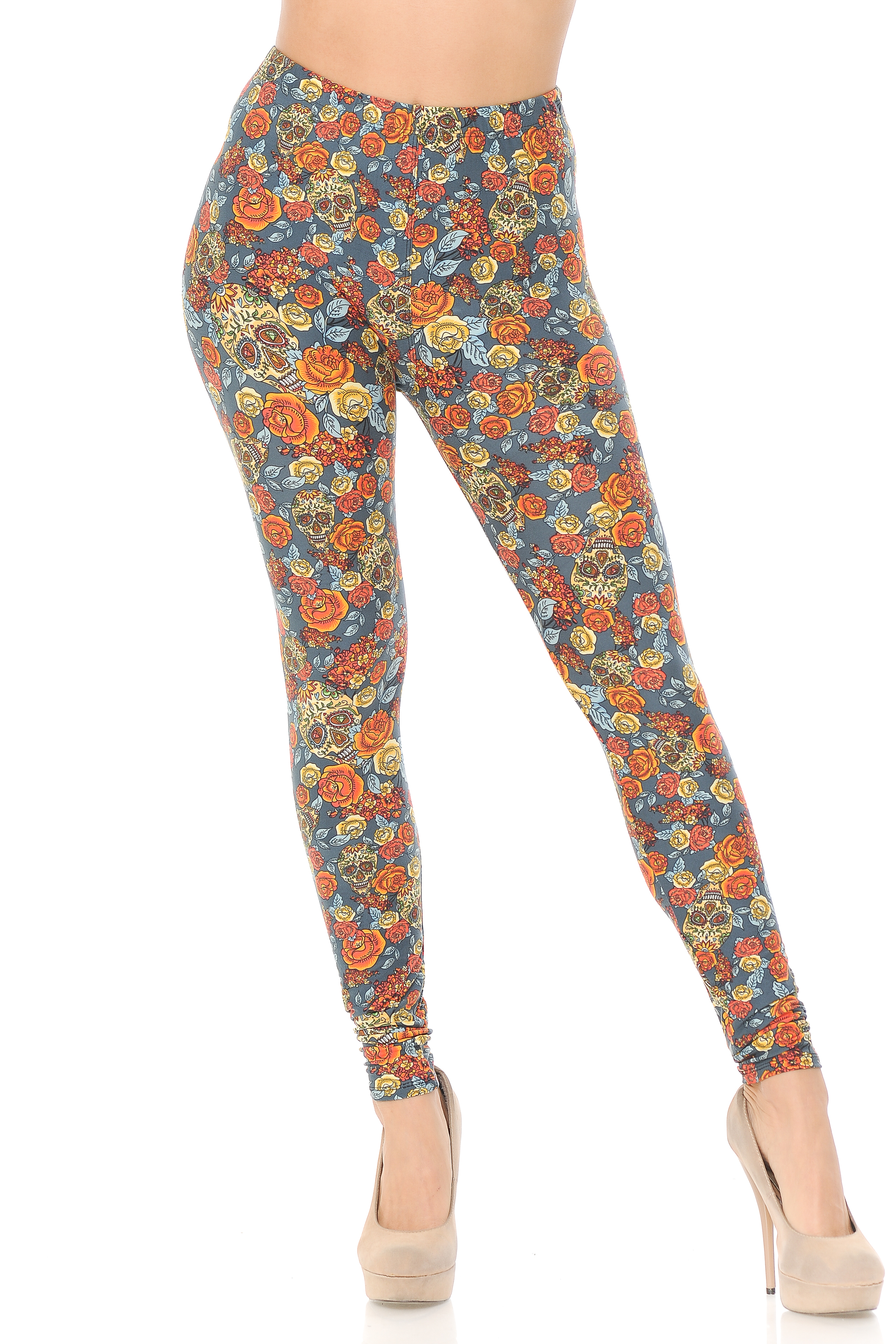 Our Buttery Smooth Charcoal Rose and Skulls Plus Size Leggings feature a full length skinny leg cut.