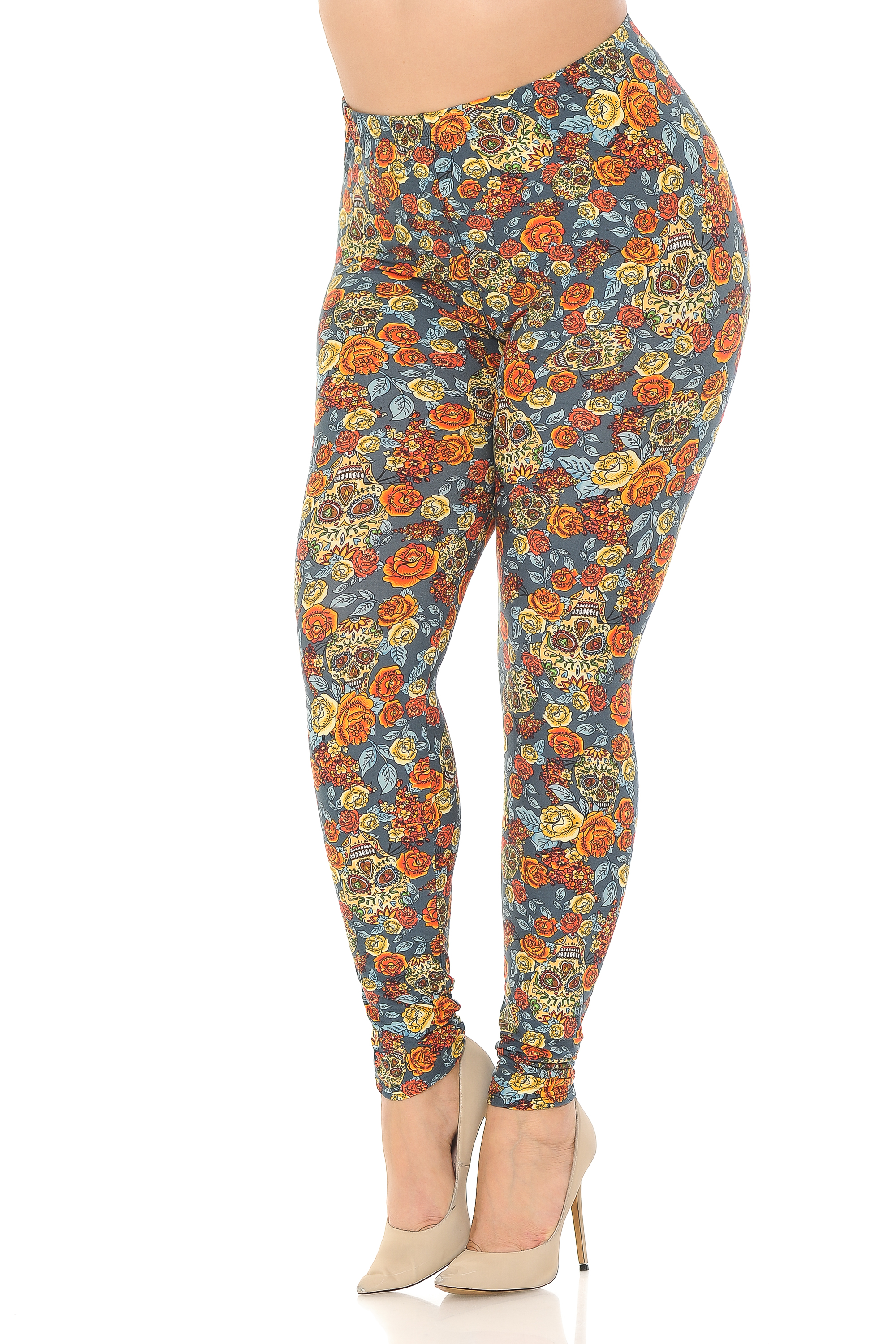 Buttery Smooth Charcoal Rose and Skulls Plus Size Leggings
