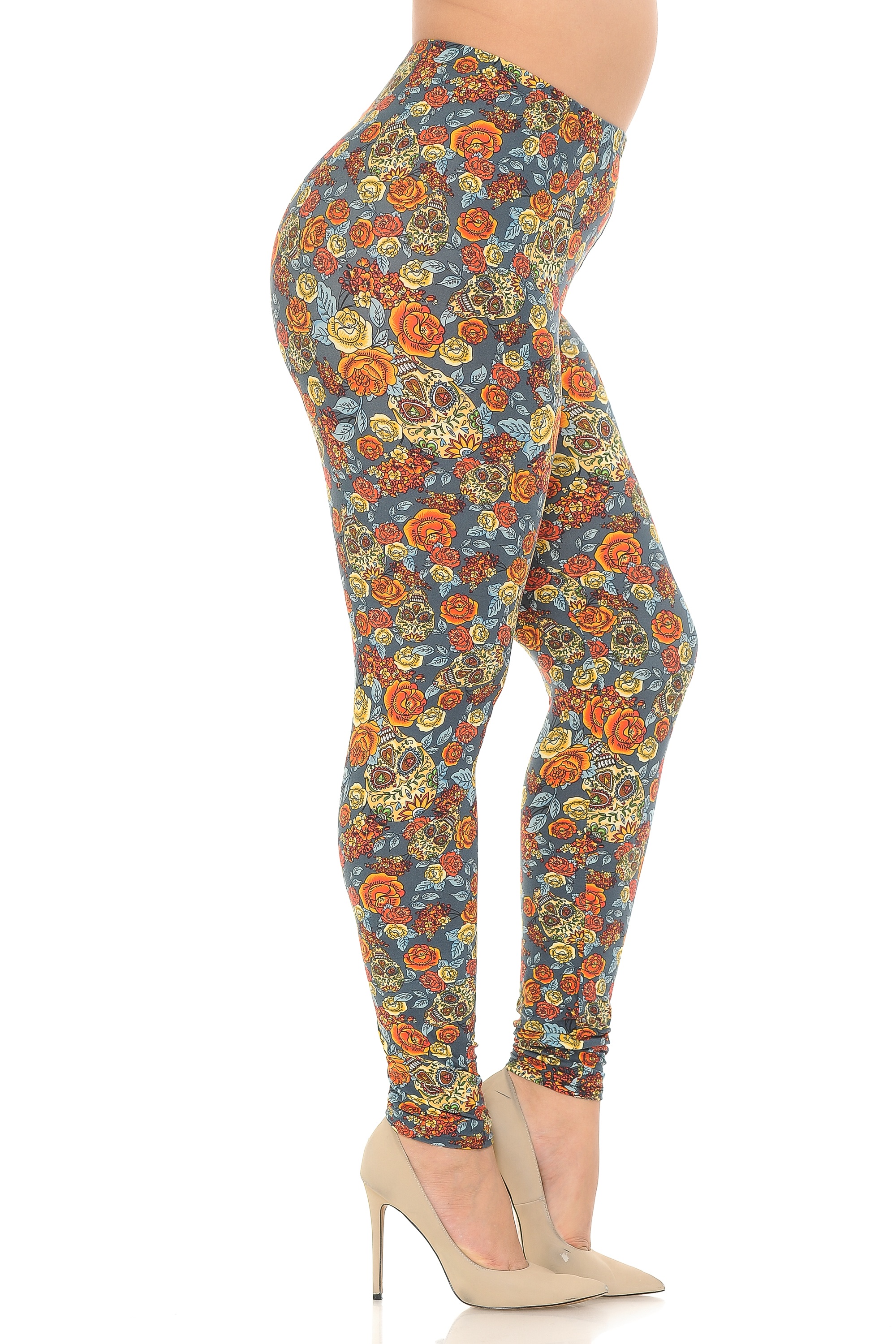 Buttery Smooth Charcoal Rose and Skulls Plus Size Leggings