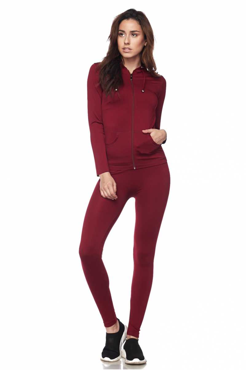 Front of burgundy Premium Zipper Hoodie Jacket and Legging Set - Plus Size