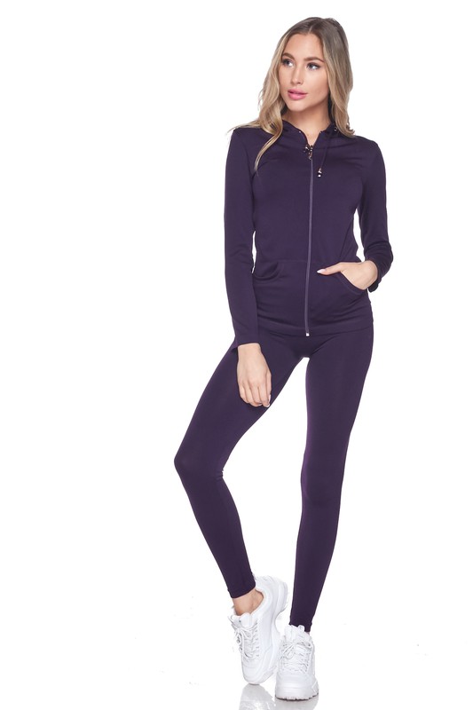 Front view of purple Premium Zipper Hoodie Jacket and Legging Set - Plus Size