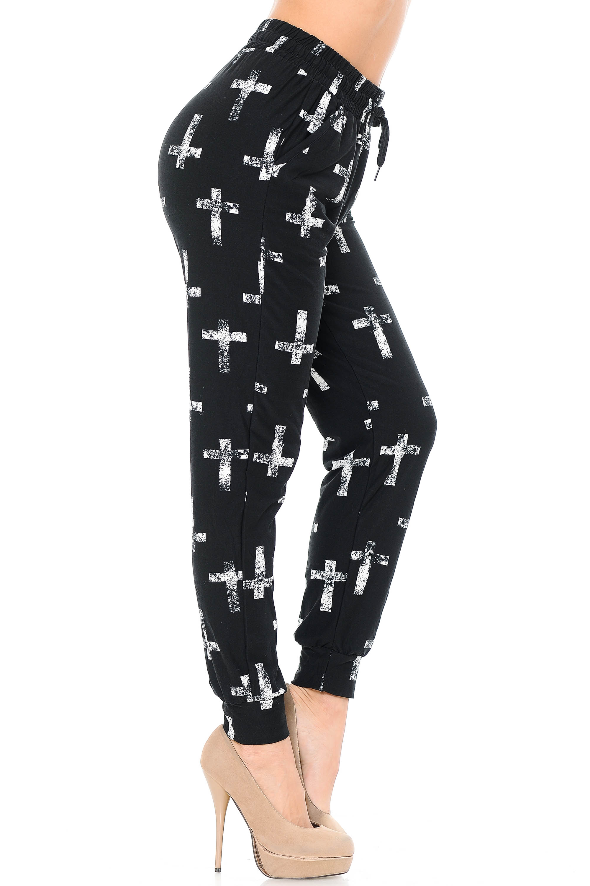Right view side leg image of our Buttery Soft Faded Cross Joggers featuring convenient side pockets.