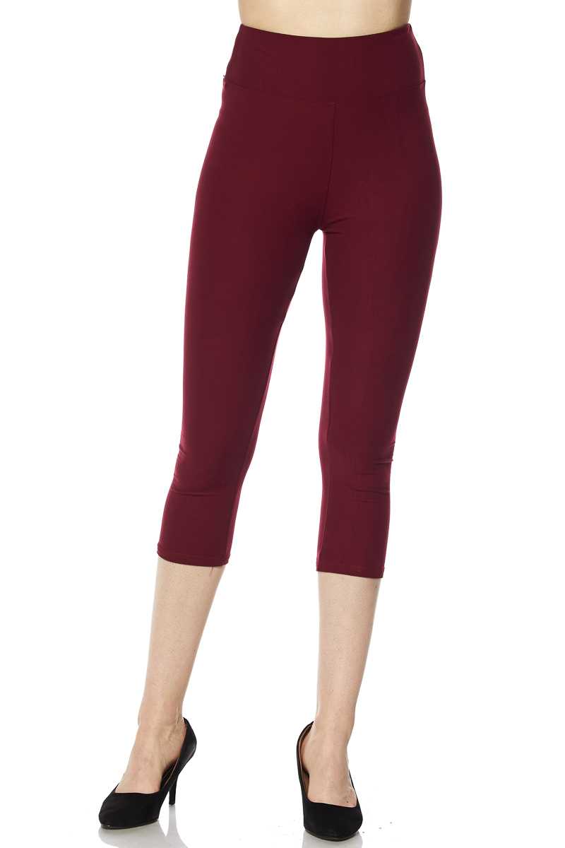Burgundy Buttery Smooth Basic Solid High Waisted Plus Size Capris - 3 Inch - New Mix