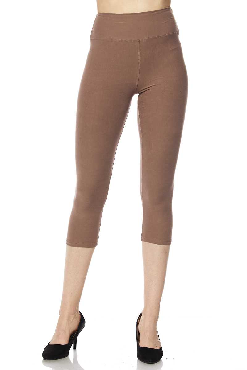 Mocha Buttery Smooth Basic Solid High Waisted Plus Size Capris - 3 Inch - New Mix