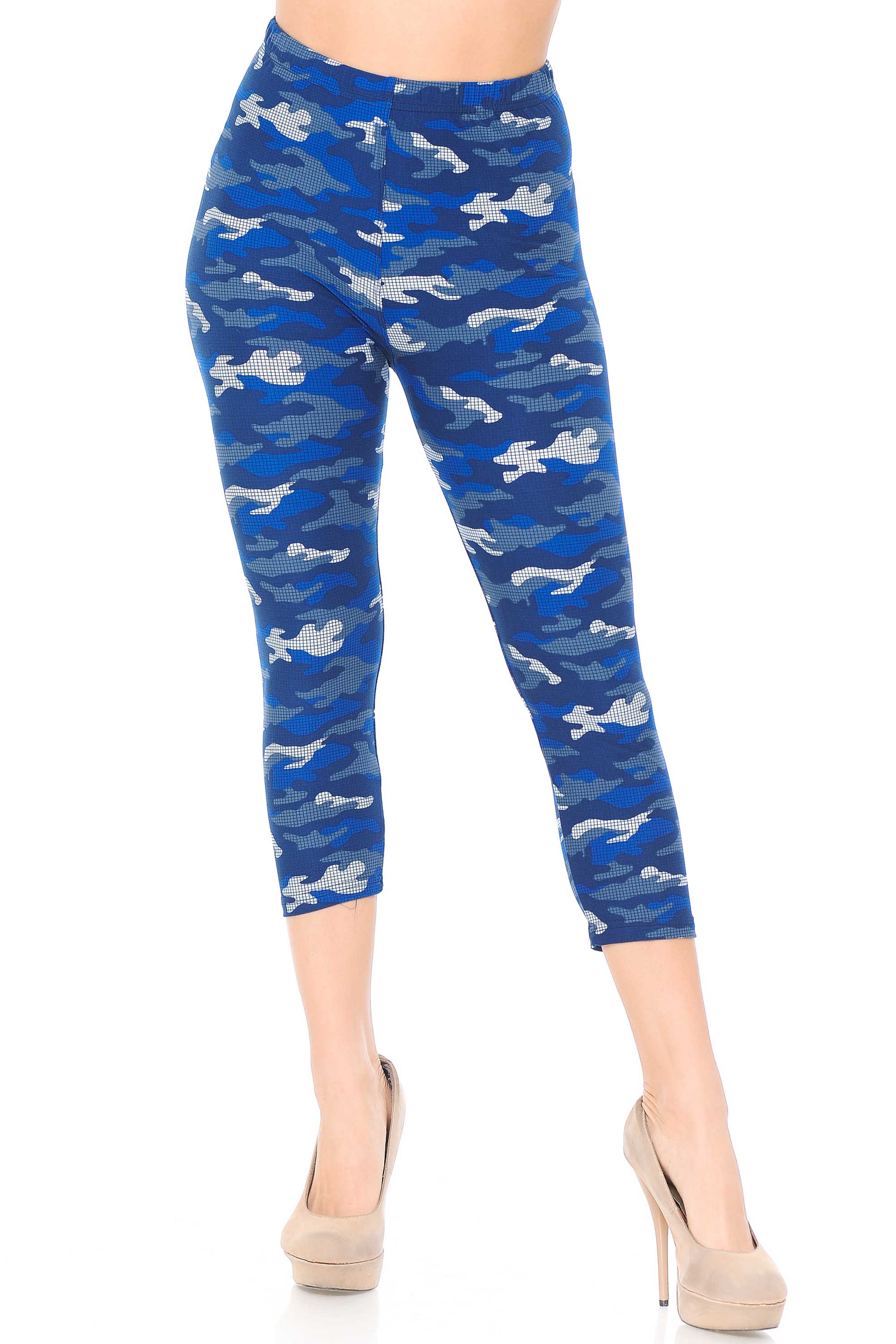 Our Buttery Smooth Blue Grid Camouflage Capris are ideal for spring and summer and look cute with a simple white tank.