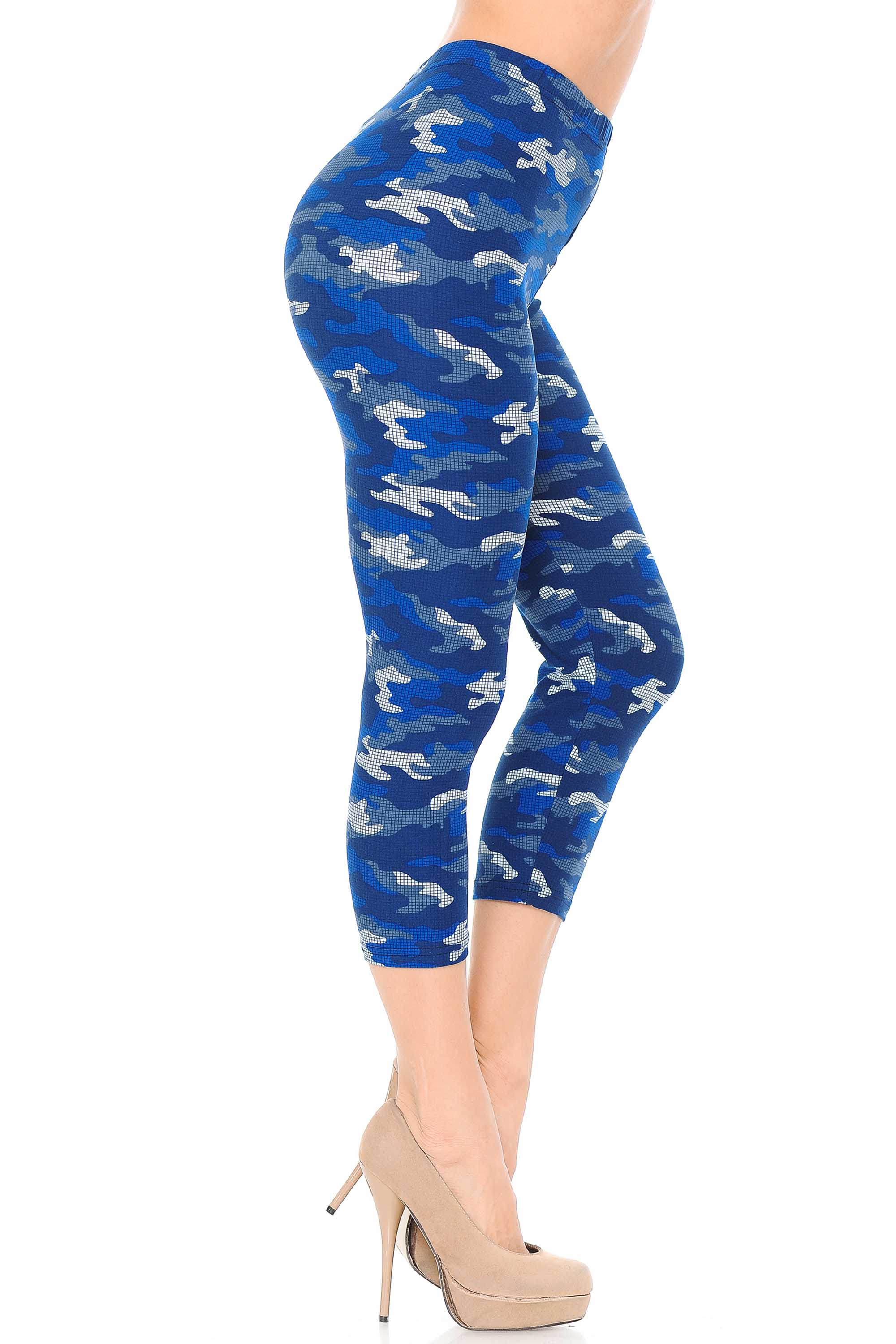 Right side view of our colorful Buttery Smooth Blue Grid Camouflage Capris