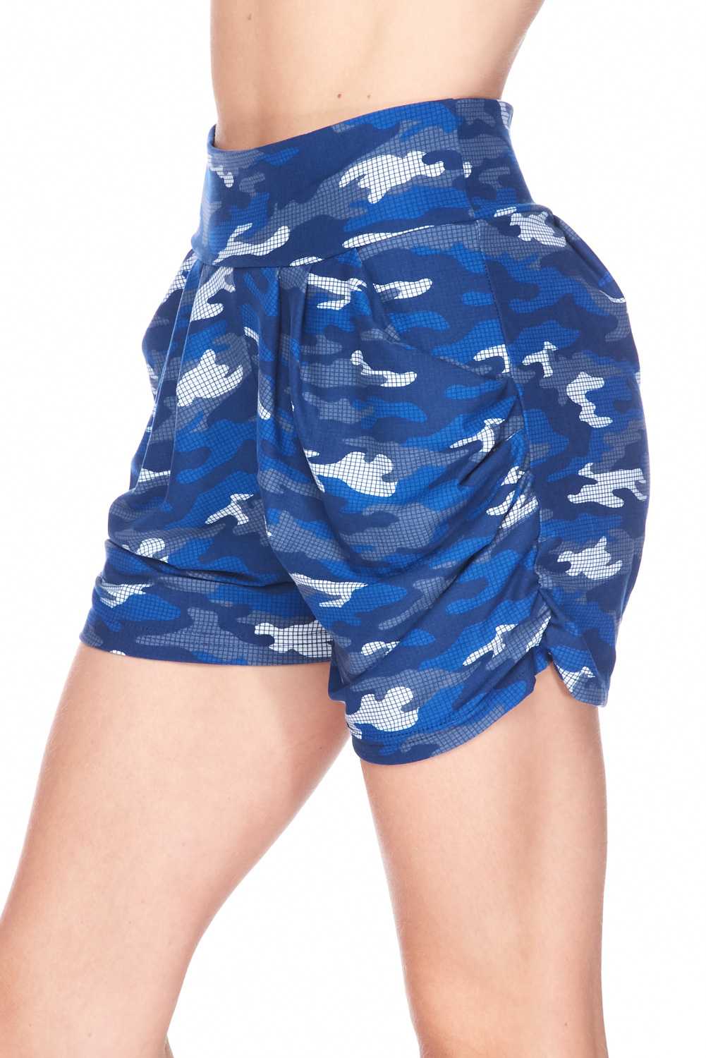 Buttery Soft Blue Grid Camouflage Harem Shorts