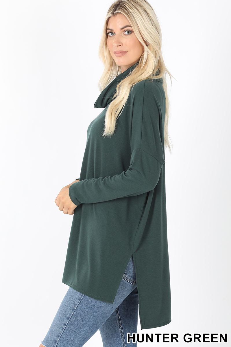 Left side of Hunter Cowl Neck Hi-Low Long Sleeve Plus Size Top